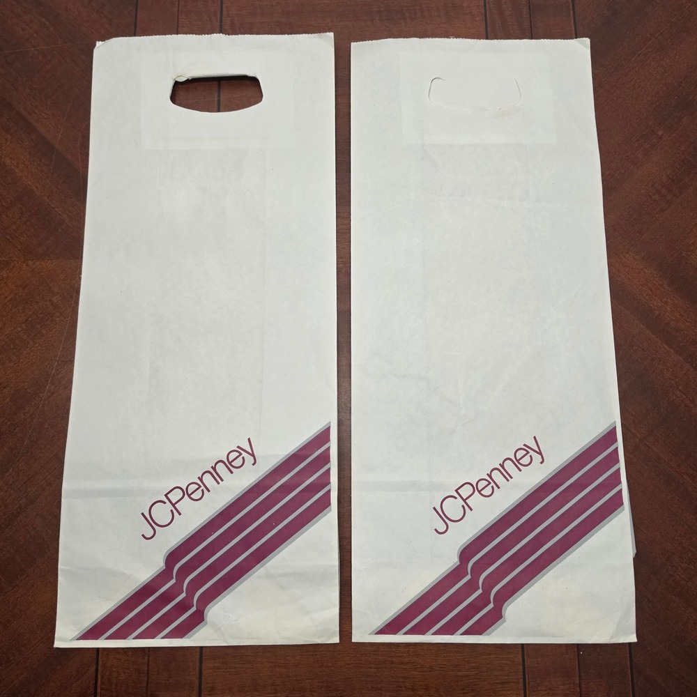 JCPenney Shopping Bag White Vintage Logo Paper Prop 2pc Set 8x4.5x19 Long